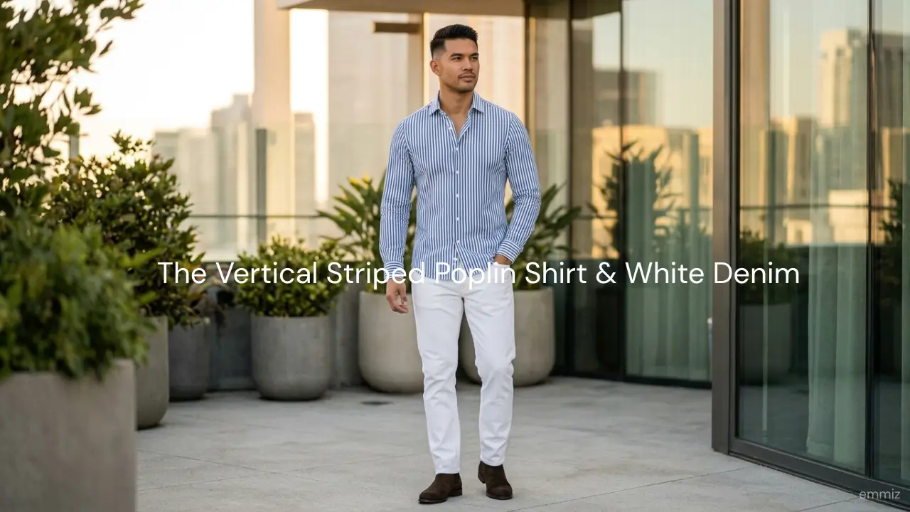 The Vertical Striped Poplin Shirt & White Denim